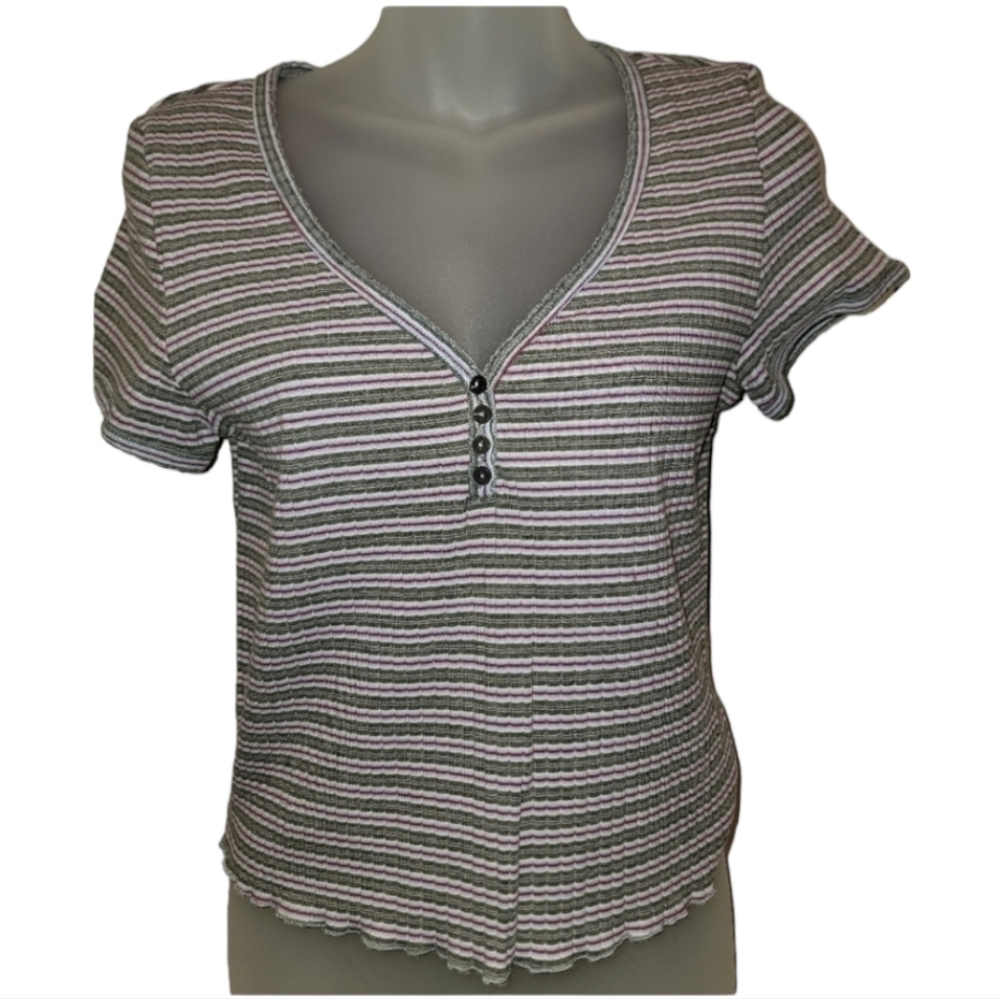 Hippie Rose's Junior Ribbed Multi Striped Henley Tee, Size L